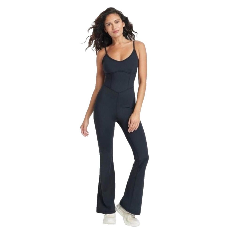 Joylab Flare Jumpsuit Women Medium Black Scoop Neck One Piece Activewear